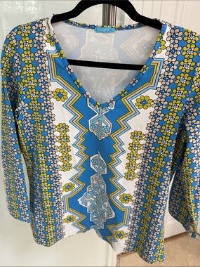 J. McLaughlin Blue and Yellow Geometric Floral V-Neck Tunic M